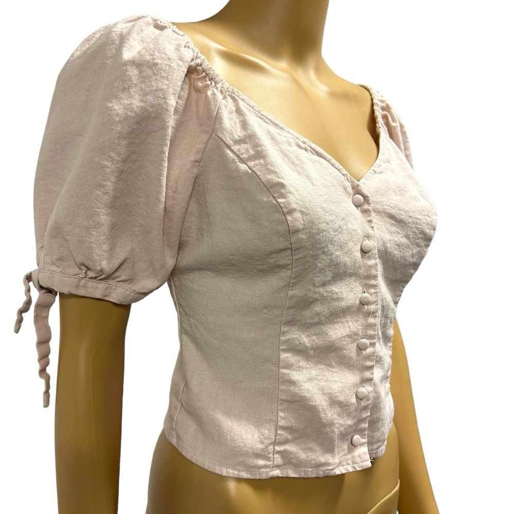 Express Linen Rayon Blend Light Pink Puff Sleeve Button Up Crop Top Womens Small